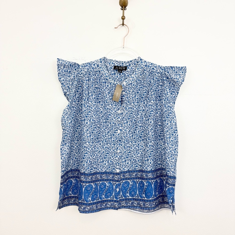 J.Crew Flutter Sleeve Button Up Blouse Blue Bandana Print NWT Size Small - Picture 2 of 5